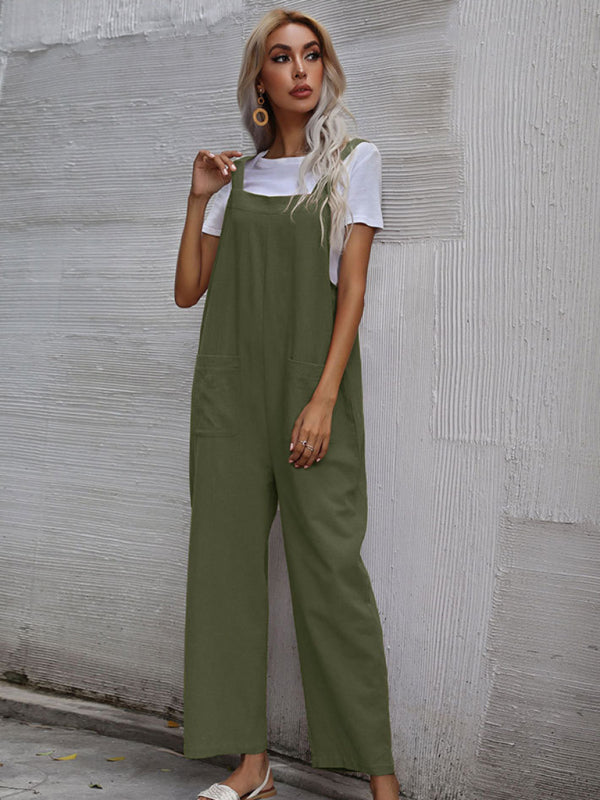 Trendy cotton and linen lazy style pure color sleeveless suspenders one-piece overalls for women