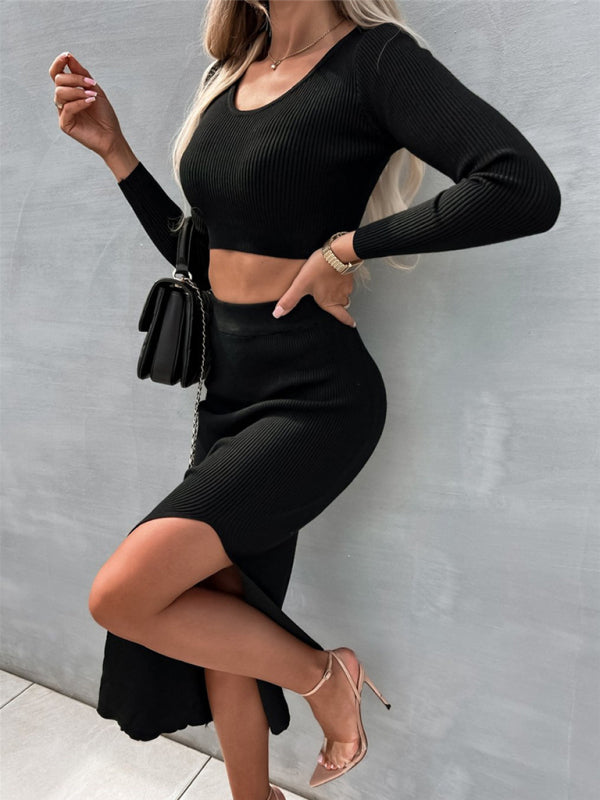 New style solid color threaded long-sleeved fashion sexy slit dress two-piece set