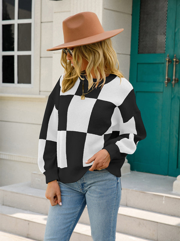 Women's Checkerboard Plaid Crewneck Long Sleeve Sweater