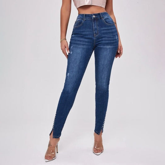 Slit Beaded Stitching Slim High Waist Stretch Jeans Women's Trousers