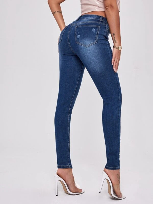 Slit Beaded Stitching Slim High Waist Stretch Jeans Women's Trousers