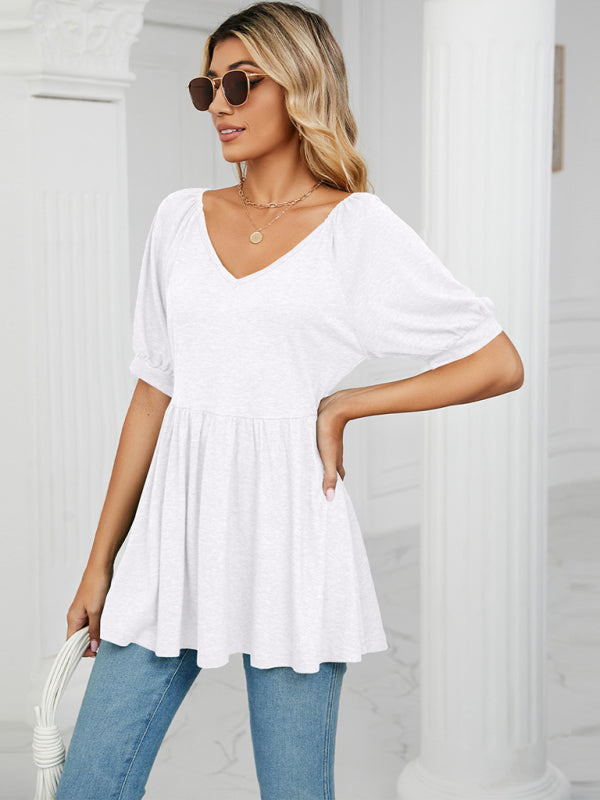 Women's spring and summer new v-neck bubble short-sleeved t-shirt tunic top women