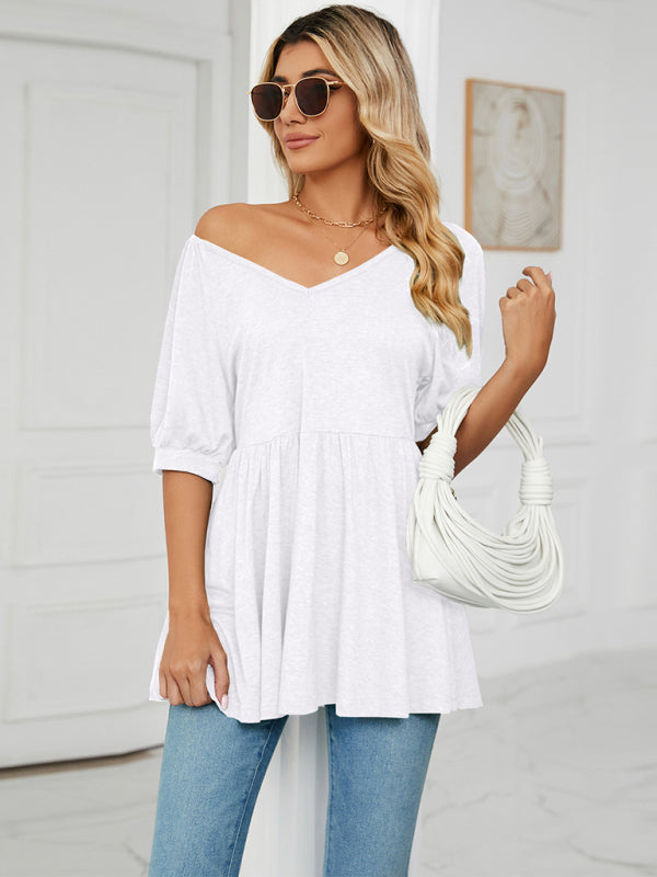 Women's spring and summer new v-neck bubble short-sleeved t-shirt tunic top women