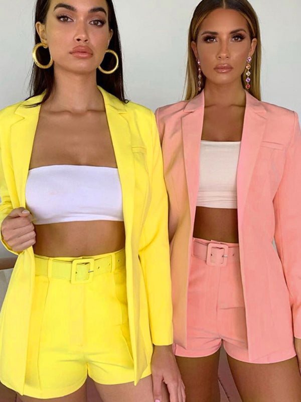 Women's Solid Color Blazer Top And Short Set