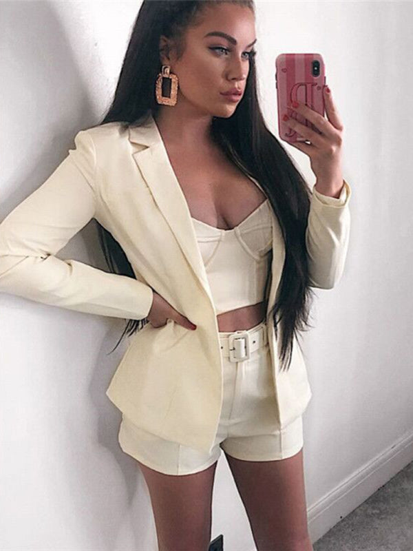 Women's Solid Color Blazer Top And Short Set