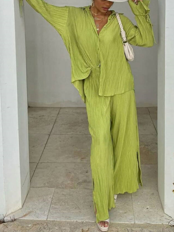 Women's Solid Color Pleated Button-front Shirt Top Matching Pleated Pants Set