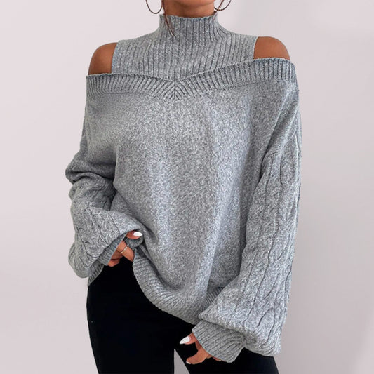 Women's Solid color turtleneck cut-out off-the-shoulder long-sleeved sweater