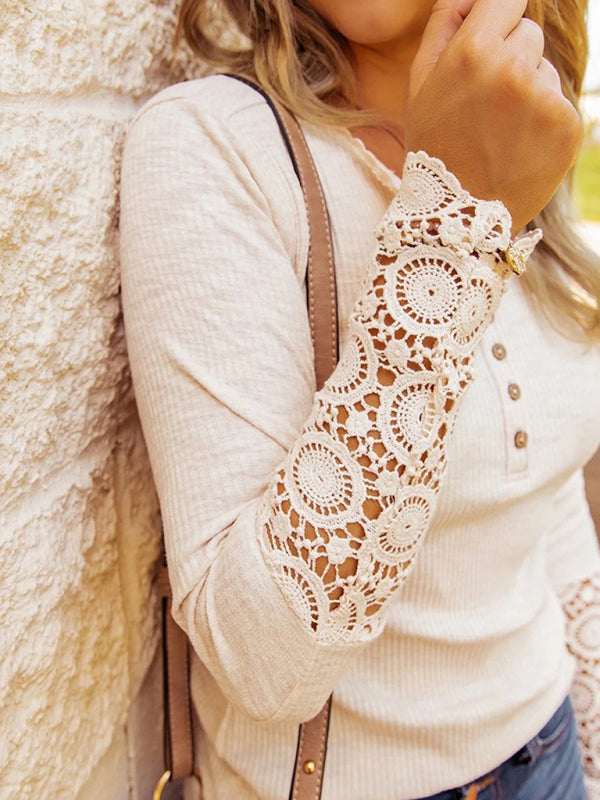 Explosive round neck stitching lace sleeve loose solid color long-sleeved T-shirt