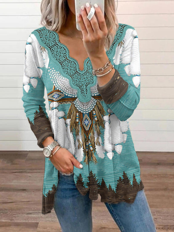 Women's Knitted Casual Western Print Lace Top