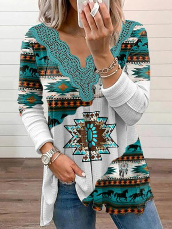 Women's Knitted Casual Western Print Lace Top