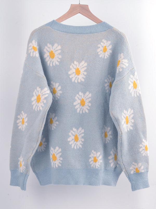 Printed knitted sweater coat sweater cardigan daisy sweater