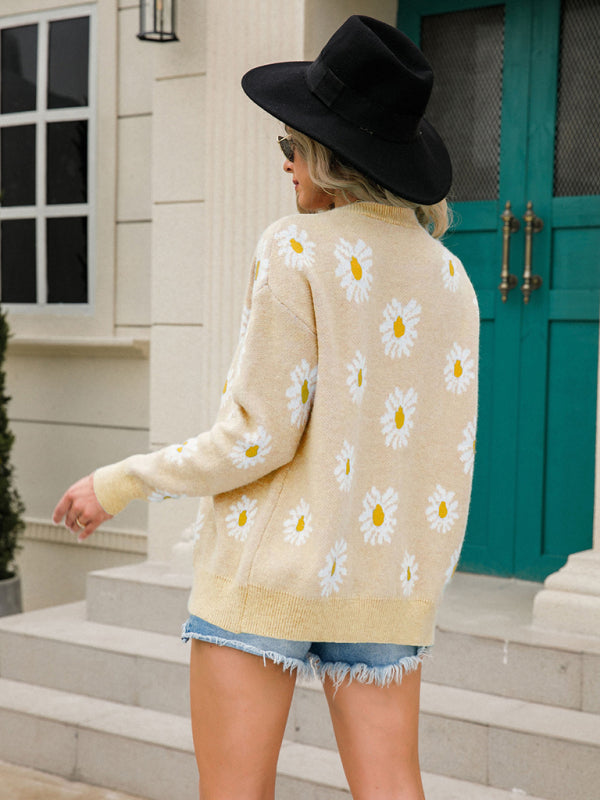 Printed knitted sweater coat sweater cardigan daisy sweater