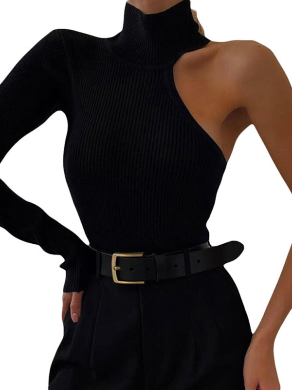 Women's Fashion One Shoulder Long Sleeve Round Neck Slim Fit Solid Color Jumpsuit
