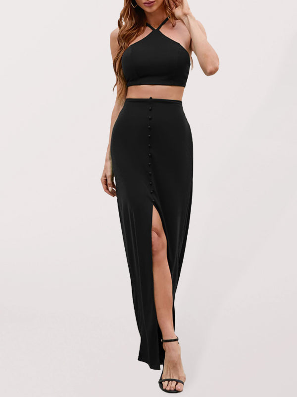 Women's Solid Color Knit Halter Neck Crop Top With Matching Slit Button Detail Skirt