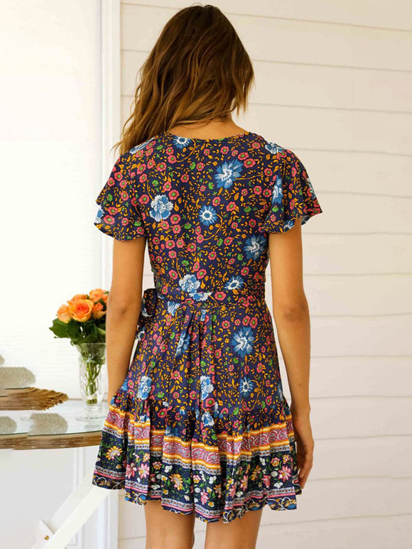 Women's Long-sleeved Wrap Dress With A Bohemian Print