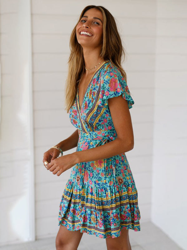 Women's Long-sleeved Wrap Dress With A Bohemian Print