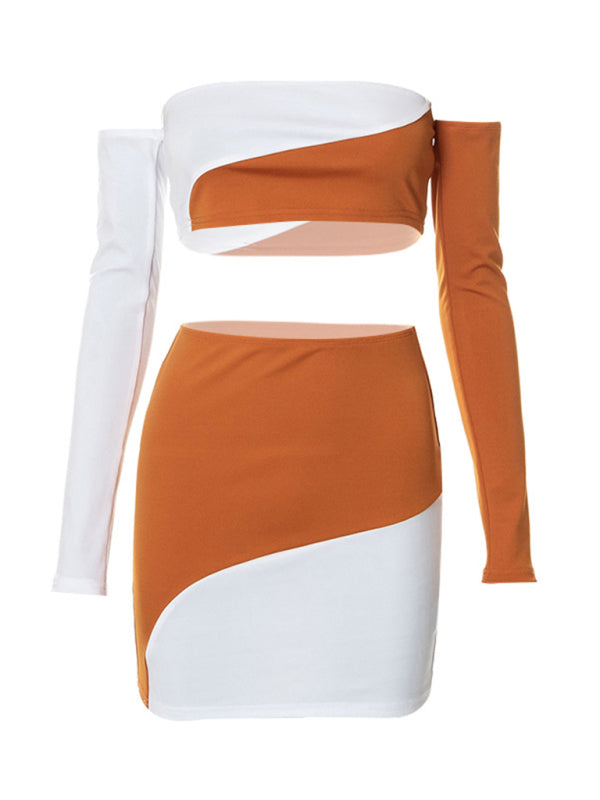Women's off-shoulder color block skirt sets