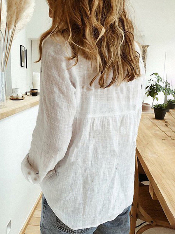 Women's Solid Color Casual Loose Long Sleeve Linen Shirt