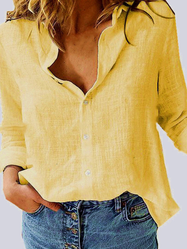 Women's Solid Color Casual Loose Long Sleeve Linen Shirt