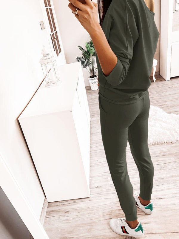 Women's solid color off-the-shoulder long-sleeve casual suit