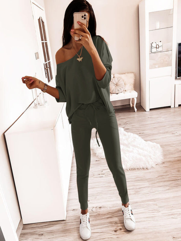 Women's solid color off-the-shoulder long-sleeve casual suit
