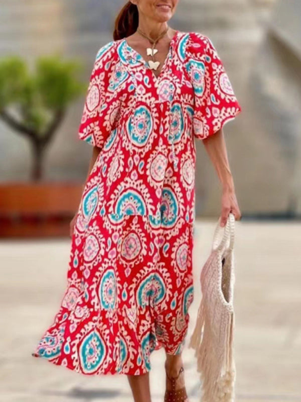 Women's Geometric Print Puff-sleeve Maxi Dress