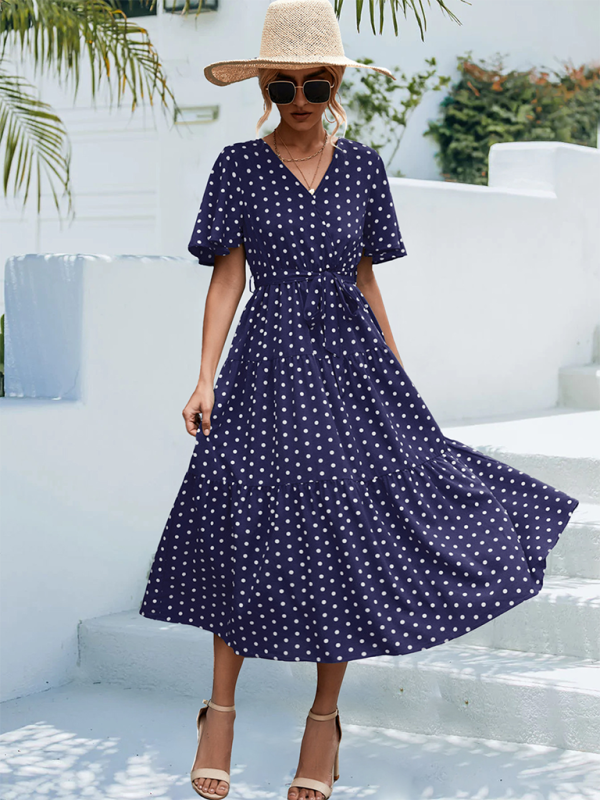 Women's Polka Dot Print Short Sleeve Midi Dress