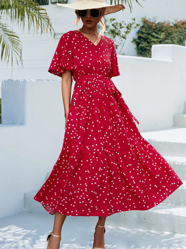 Women's Polka Dot Print Short Sleeve Midi Dress