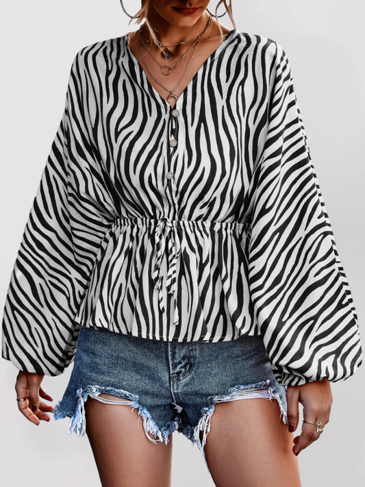 Women's Zebra Print Button-front V-neck Long-sleeve Blouse