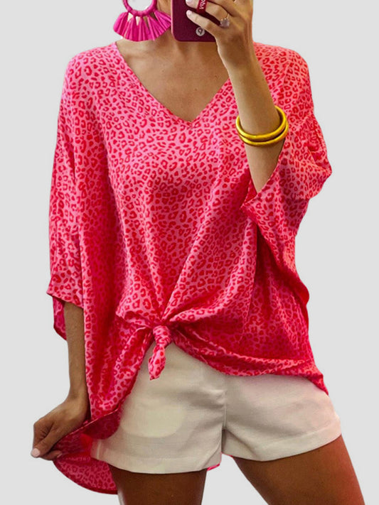 Women's V-neck Short Sleeve Mesh-trim Leopard Print High-low Top