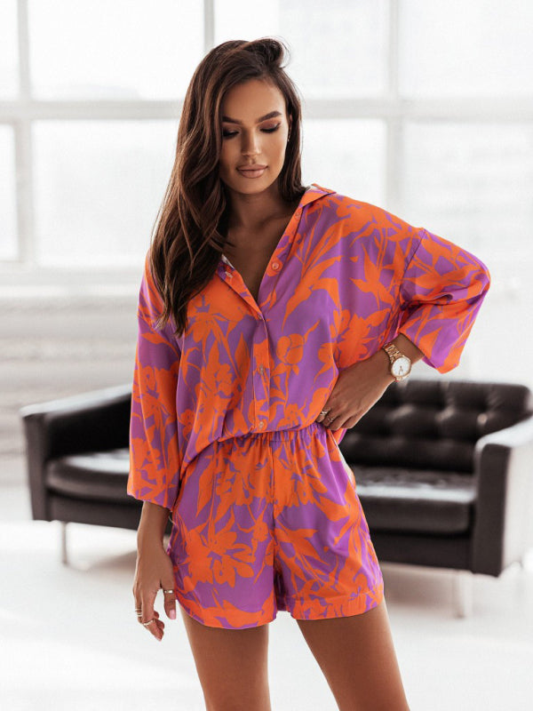 Women's vacation style printed shirt + shorts two-piece sets