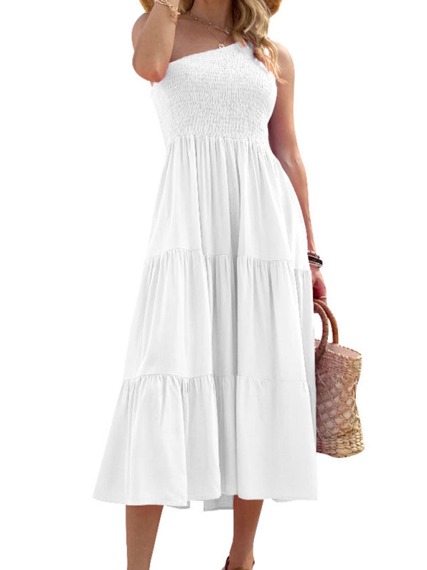 Women's Solid-color One-shoulder Smocked Tiered Midi Dress