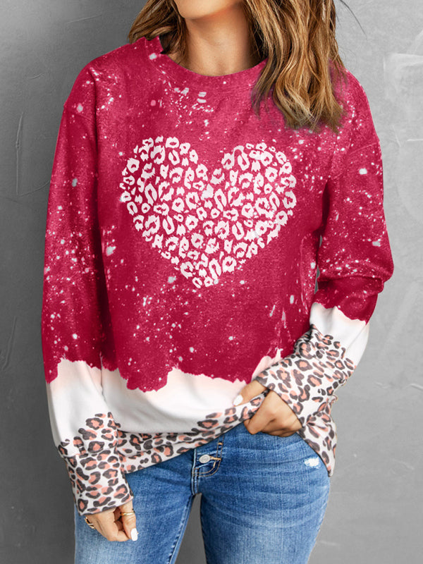 Women's Color Block Heart-shaped Leopard Prints Sweatshirt