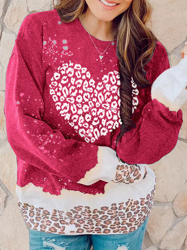 Women's Color Block Heart-shaped Leopard Prints Sweatshirt