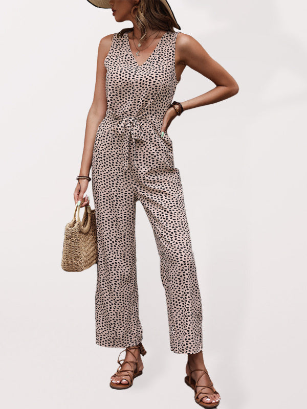 Women's V-neck Faux Animal-print Tie-front Sleeveless Jumpsuit