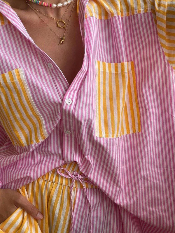 Women's Button Front Long Sleeve Striped Shirt Matching Drawstring Shorts
