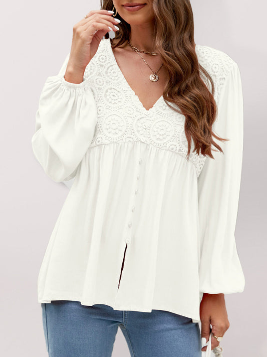 Women's Solid Color Long Sleeve Embroidered Lace Top