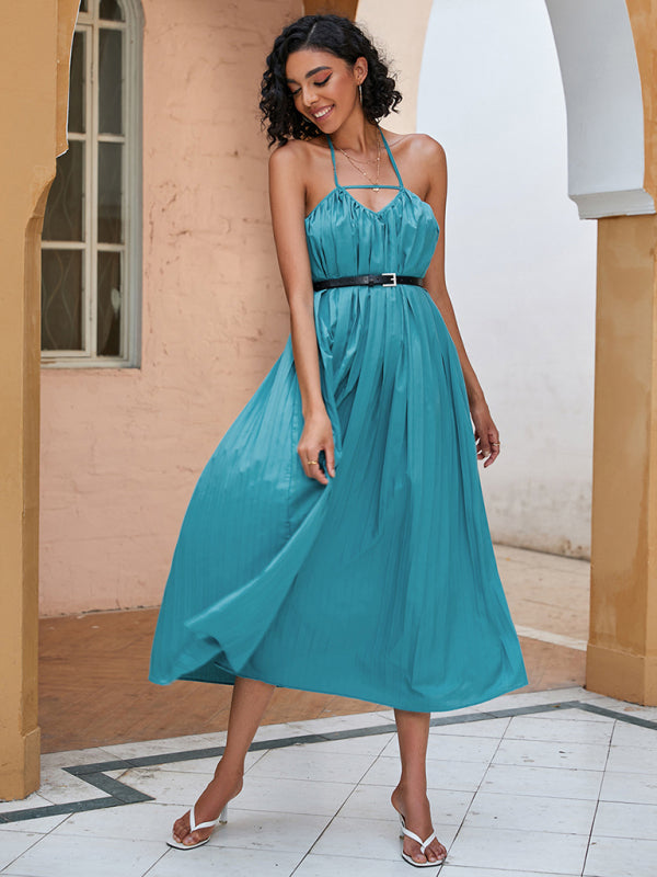 Women's Solid Color Trendy Halter Midi Dress With A Faux Leather Belt