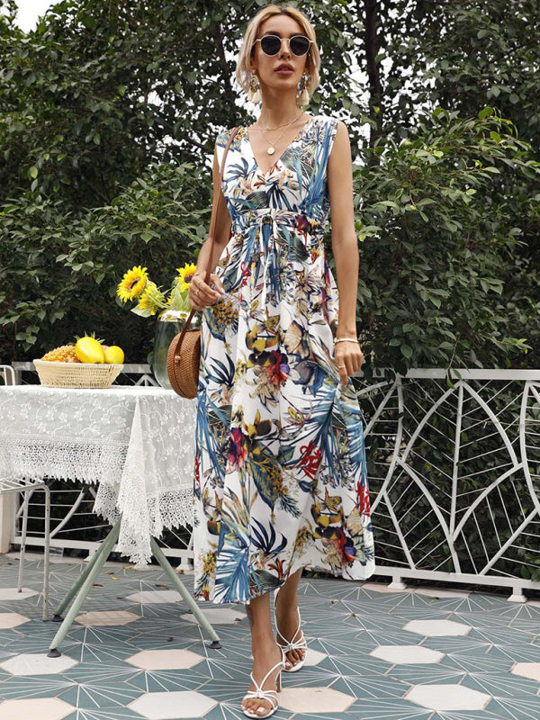 Women's Floral Print Twist Front Sleeveless Midi Dress