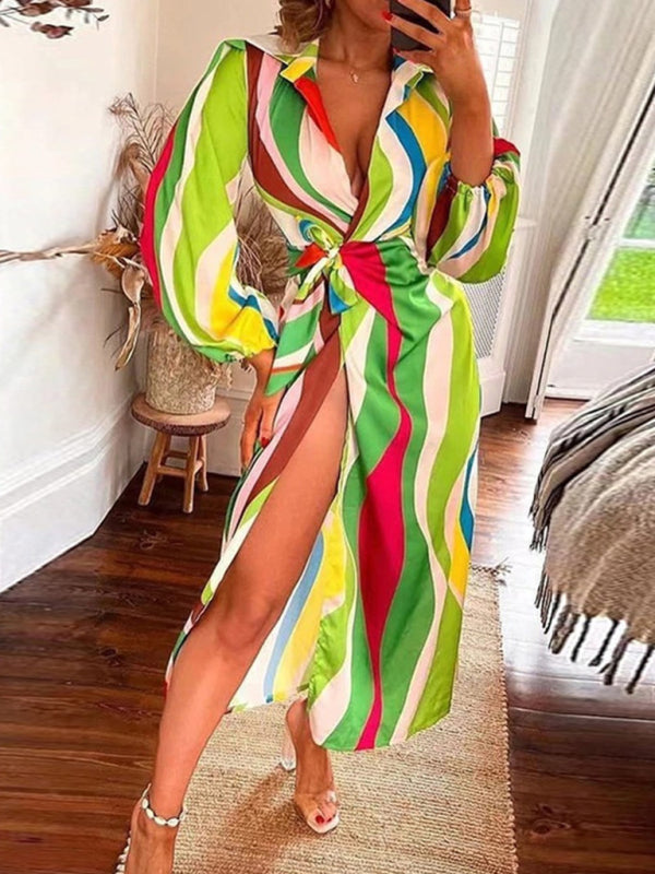Printed Lantern Sleeve Tie Slit Lapel Dress Contrasting Color Mid Length Skirt