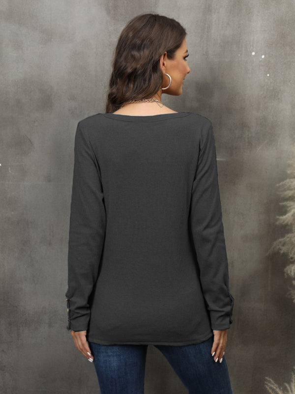 Women's Button Vest Color V-Neck Long Sleeve T-Shirt Top