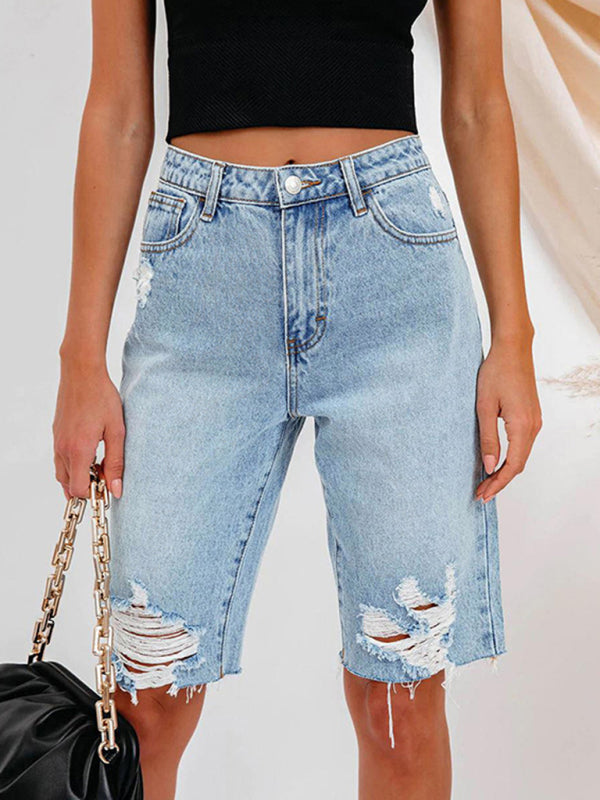 Women's Casual Stretch Ripped Denim Cropped Pants