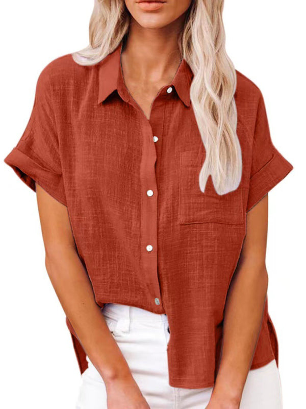 Women's Solid Color Short Sleeve Button-front Top