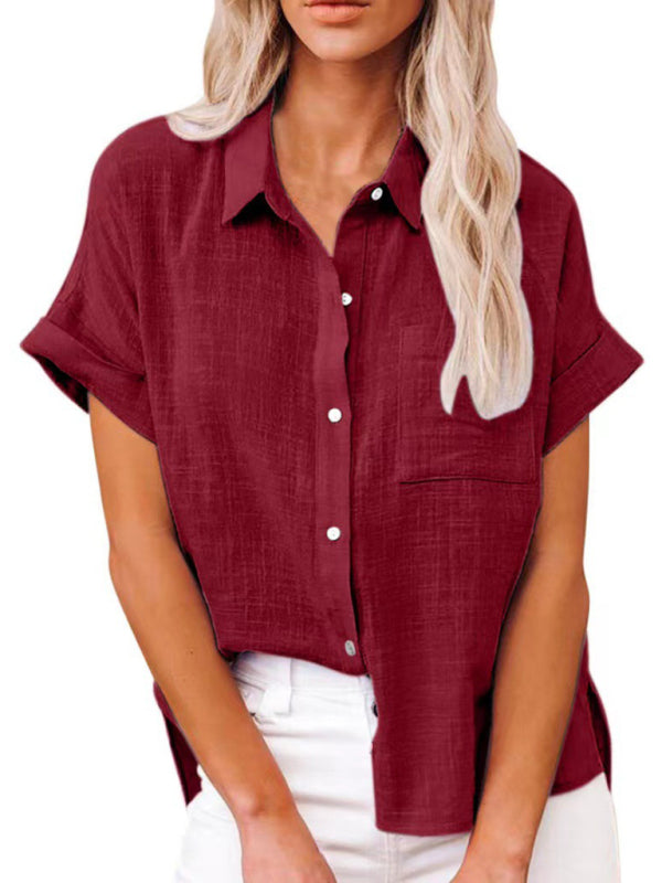 Women's Solid Color Short Sleeve Button-front Top