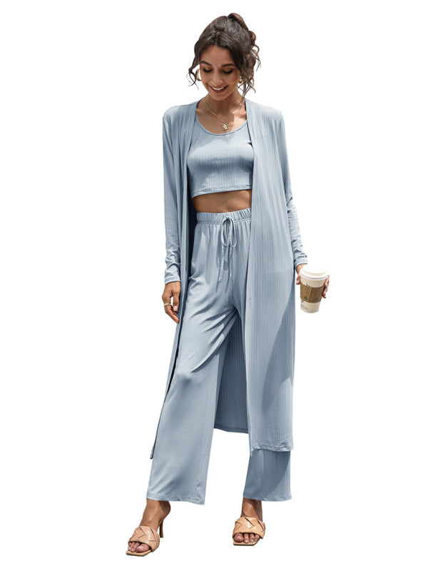 Women's Pajama 3 Piece Lounge Set Drawstring Side Crop Tank Top Wide Leg Pants Longline Cardigan