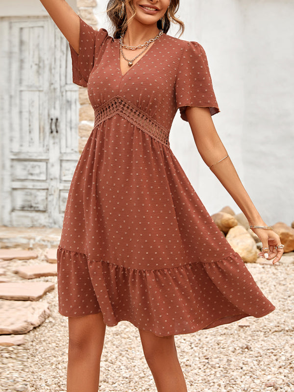 Women's Lace Stitching V-neck Solid Color Ruffle Sleeve Dress