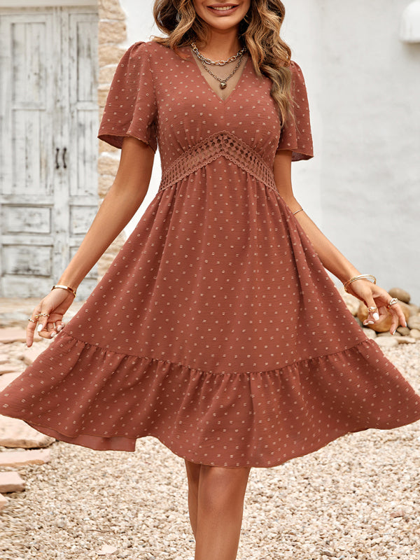 Women's Lace Stitching V-neck Solid Color Ruffle Sleeve Dress