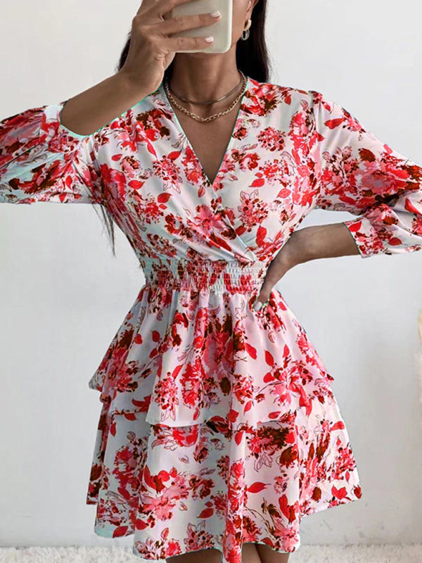 Women's Woven Print Fashion V Neck Pleated Long Sleeve Dress