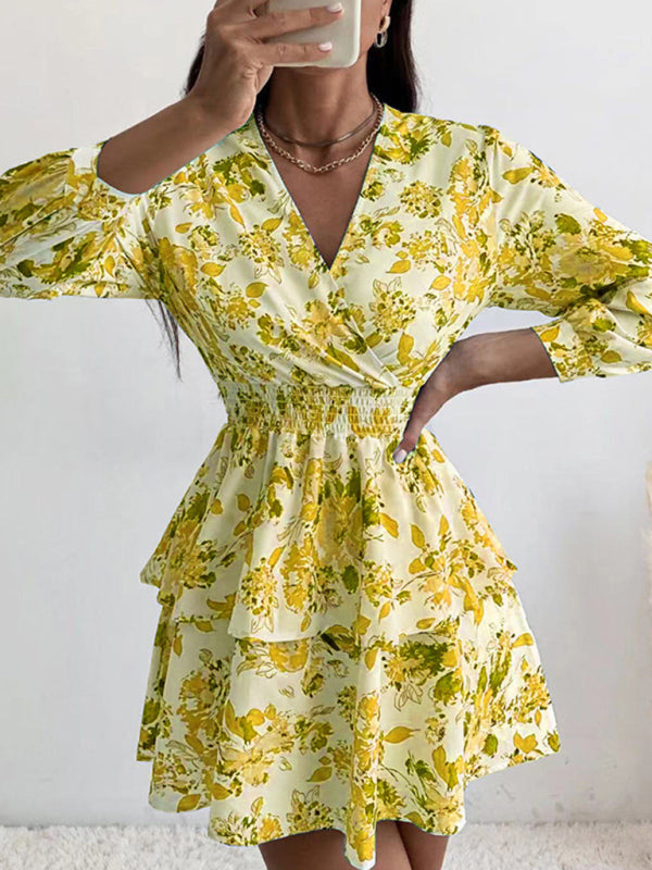 Women's Woven Print Fashion V Neck Pleated Long Sleeve Dress