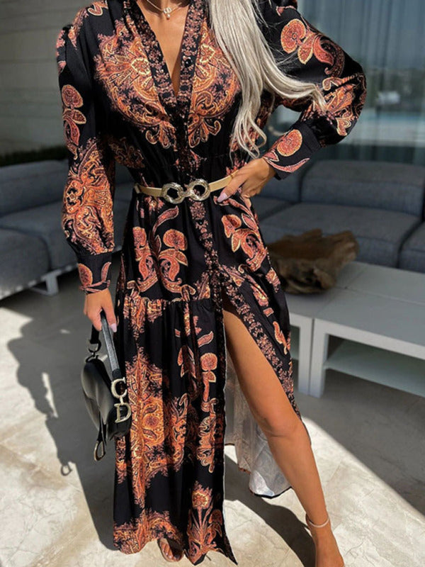 Women's Woven Loose Vintage Style Vacation Long Sleeve Dress